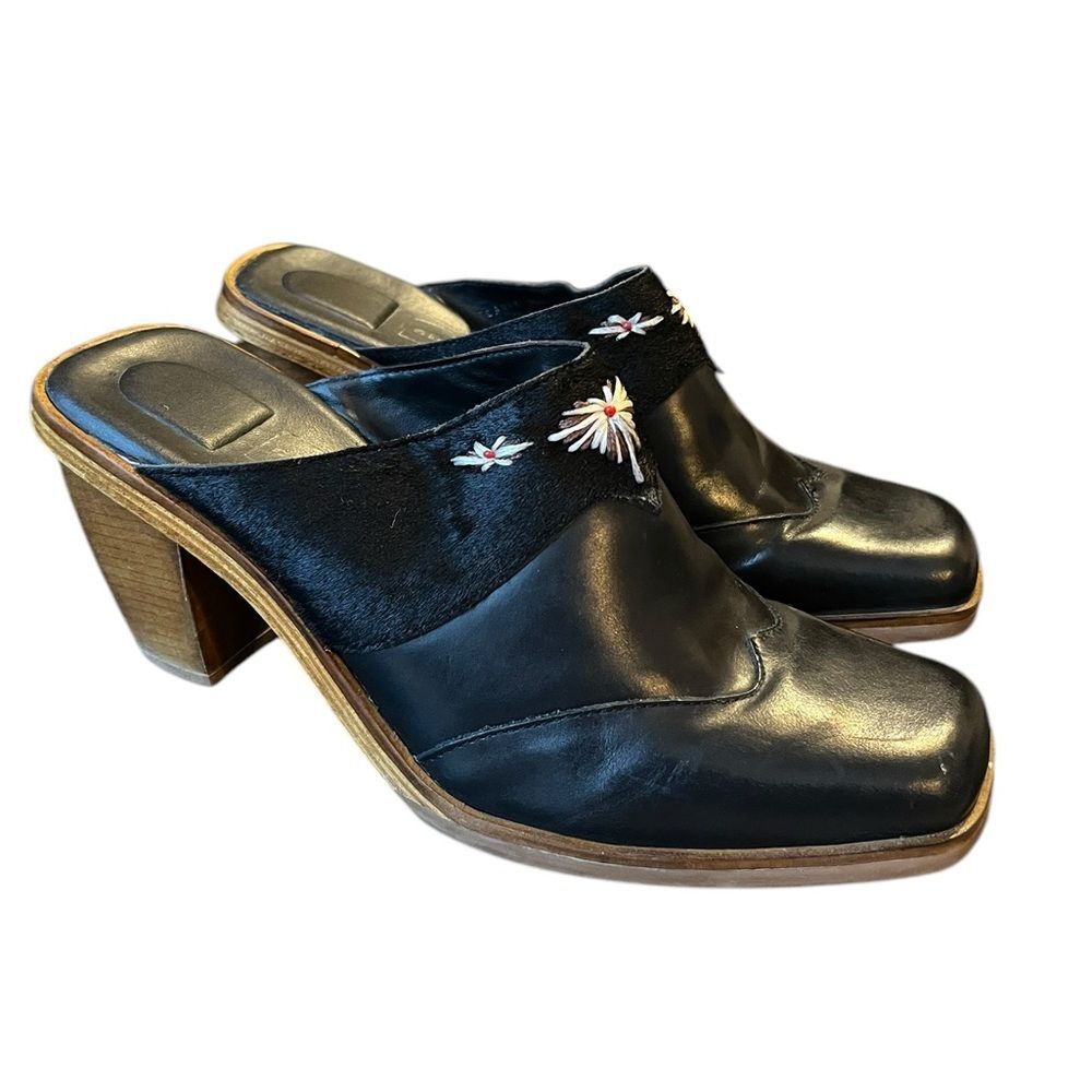 Cloudwalkers Planet Black Leather Heeled Mules Western Cowhide Womens 8.5